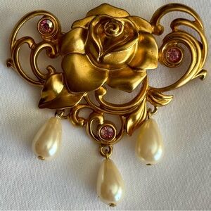 Gold Rose Brooch Pearl Dangle Vintage Statement Pin